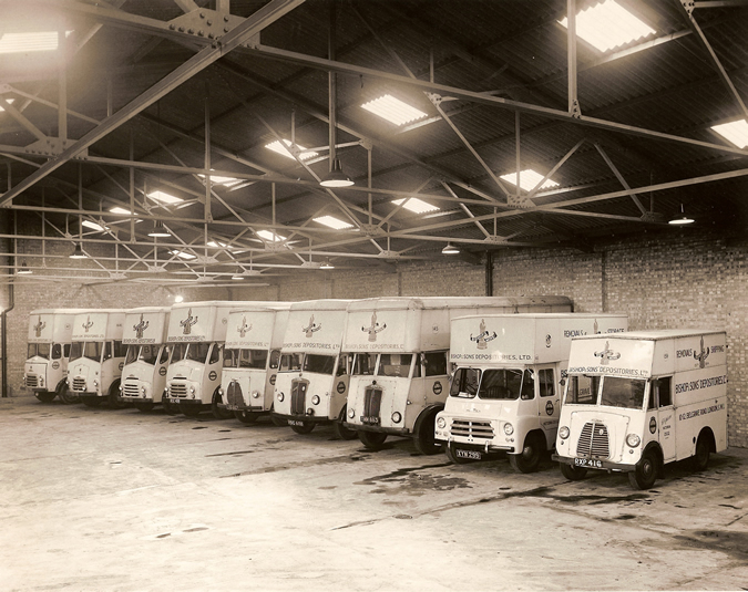 Bishop's Move vans in the 1950s at their old Clapham Garage built on the Clapham High School for Girls site